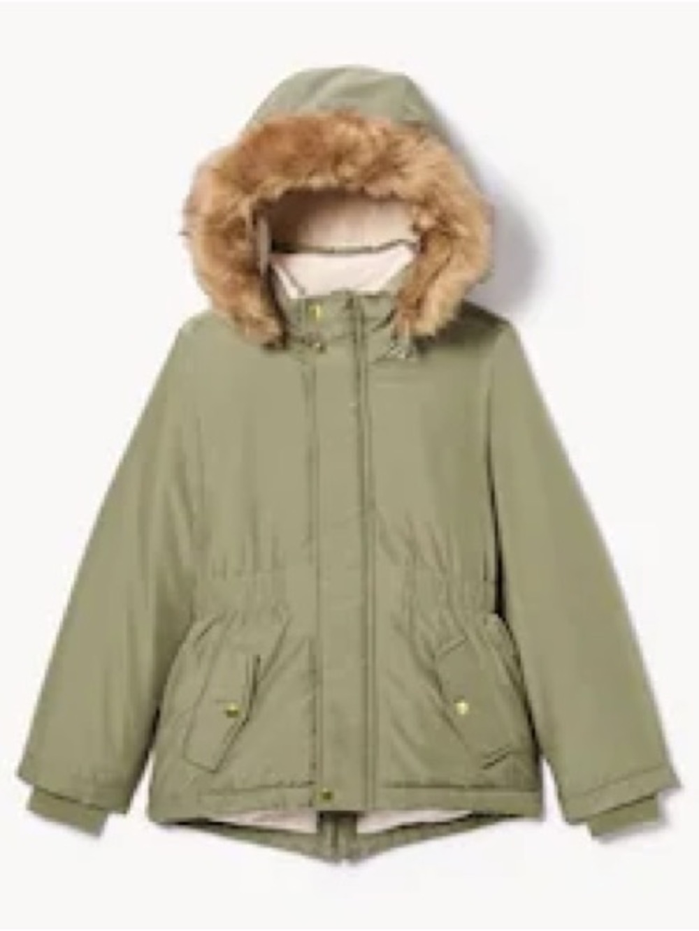 Sz 14 XL Joe Fresh Olive Green Hooded Puffer Jacket with Faux-Fur Trim